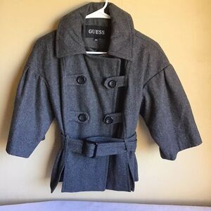 Womens Guess Charcoal Gray Short Sleeve Wool Cropped Belted Collard Jacket